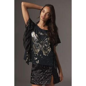 Anthropologie Pilcro Golden Hour Butterfly Tee Lace Ruffle Sleeve Graphic Top S